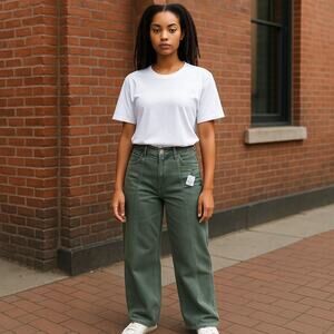 NWT Free People Jeans Womens 27x31 Green Garment Dyed High Rise Wide Leg Stretch